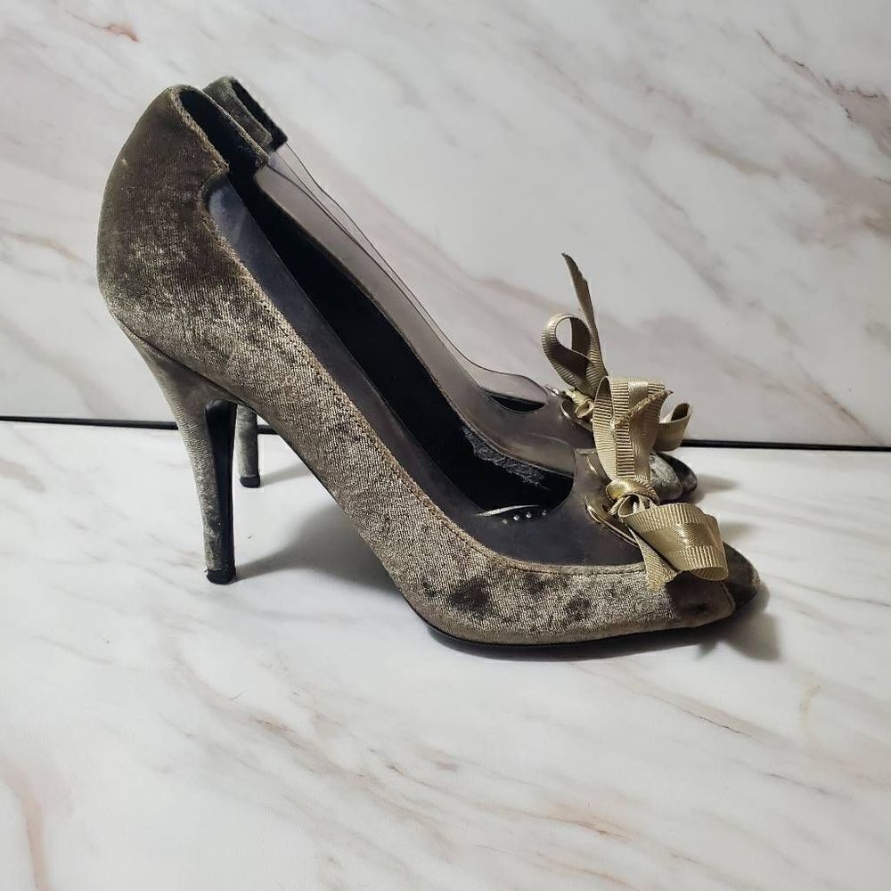 Stella McCartney Olive Velvet Peep-Toe Heels with Gold Bow Accent